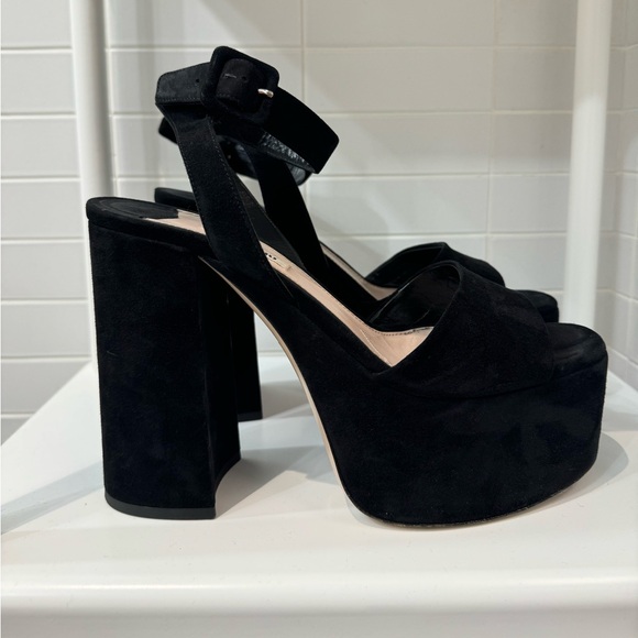 Miu Miu Shoes - Miu Miu black suede platform sandals with ankle strap